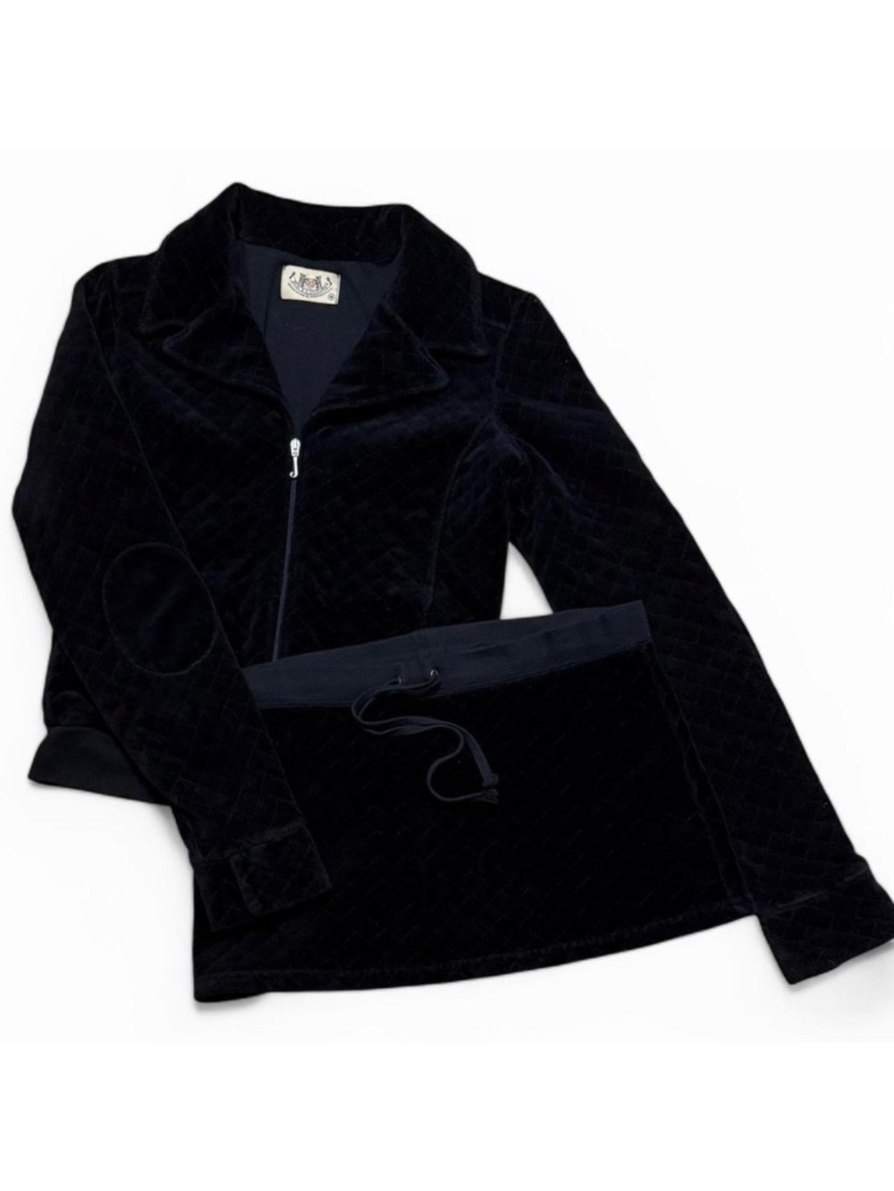 Y2K AUTHENTIC JUICY COUTURE BLACK VELOUR QUILTED JACKET AND SKIRT SET